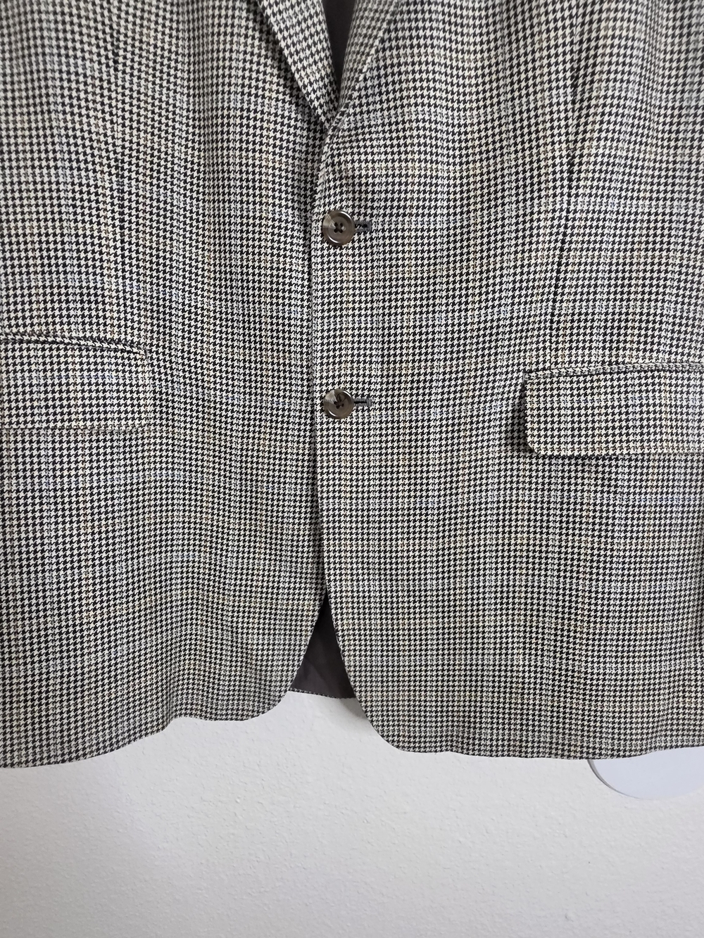 Chaps Men's 46R Silk Blazer Sport Coat Houndstooth Plaid Beige Blue Two Button - Picture 4 of 16